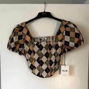 O.L.M. Geometric Plaid Cotton Crop Top With Puff Sleeves